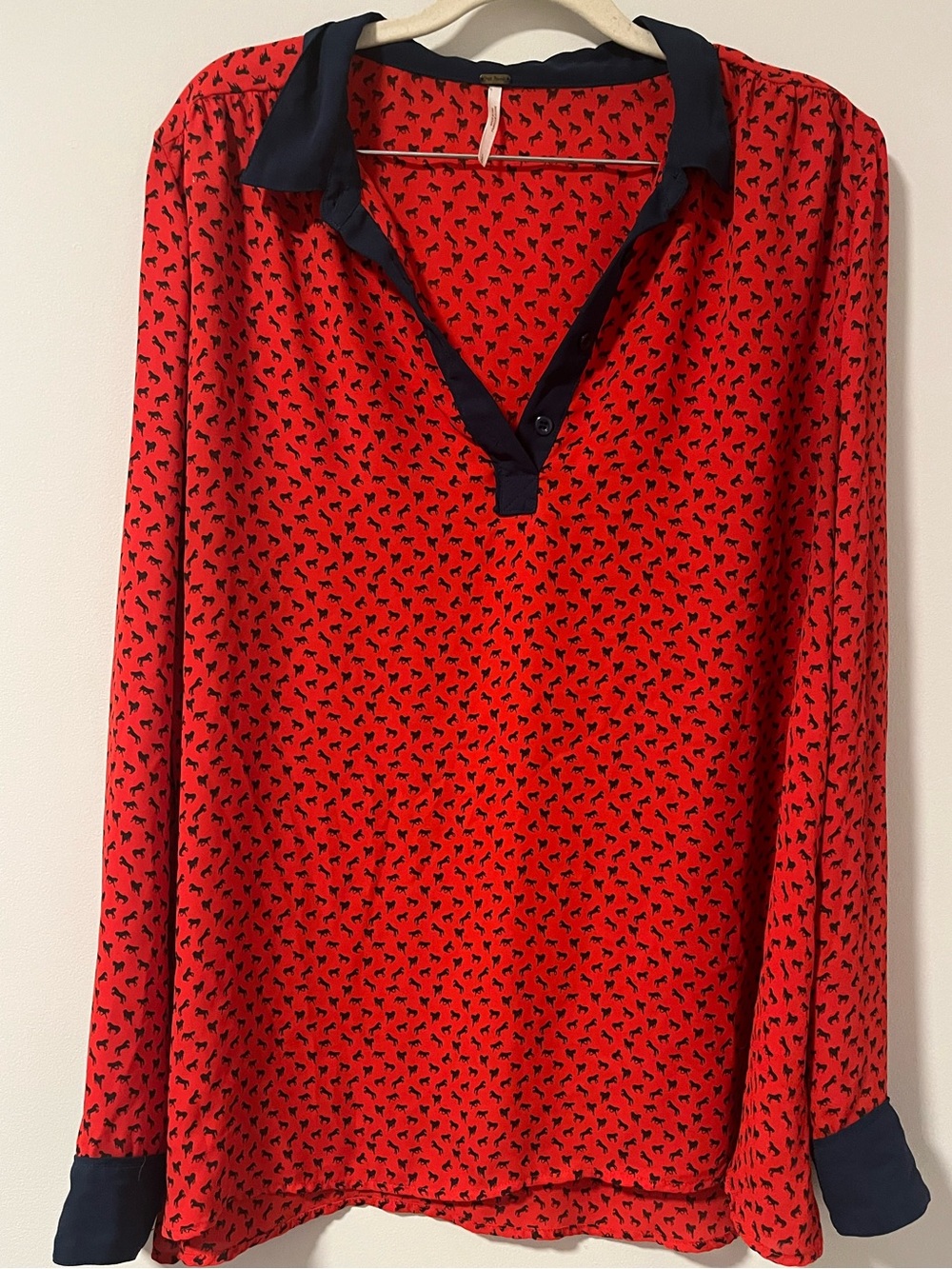 Free People Red Horse Printed Blouse with Navy Trim
